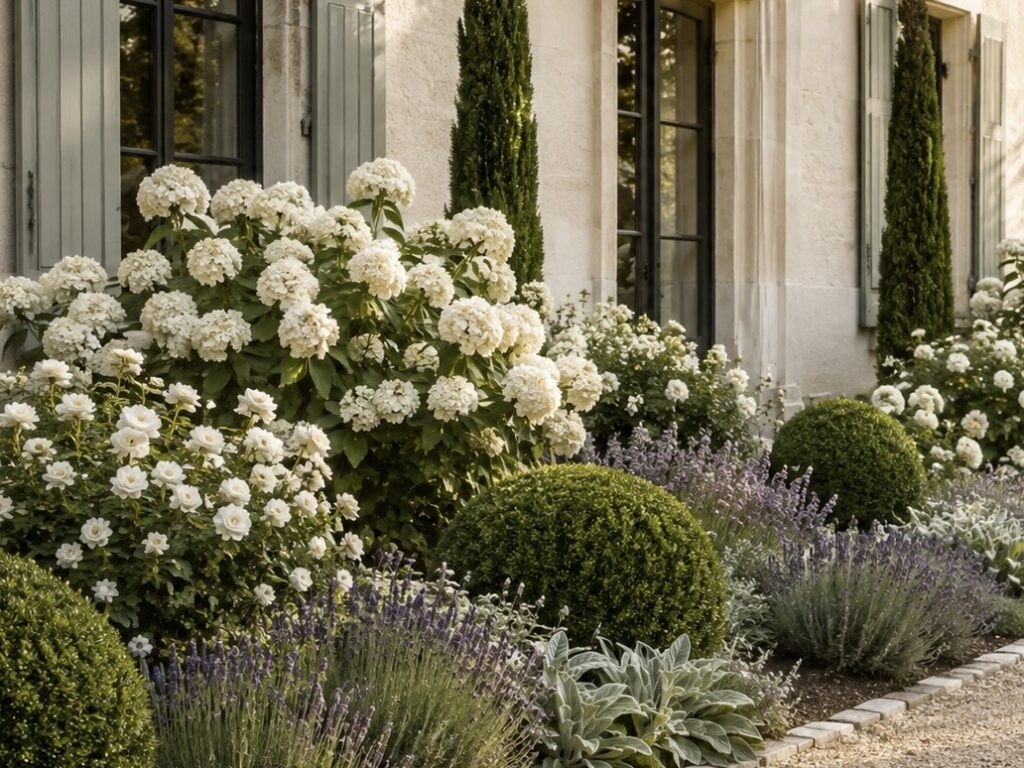 White hydrangeas in a structured garden composition