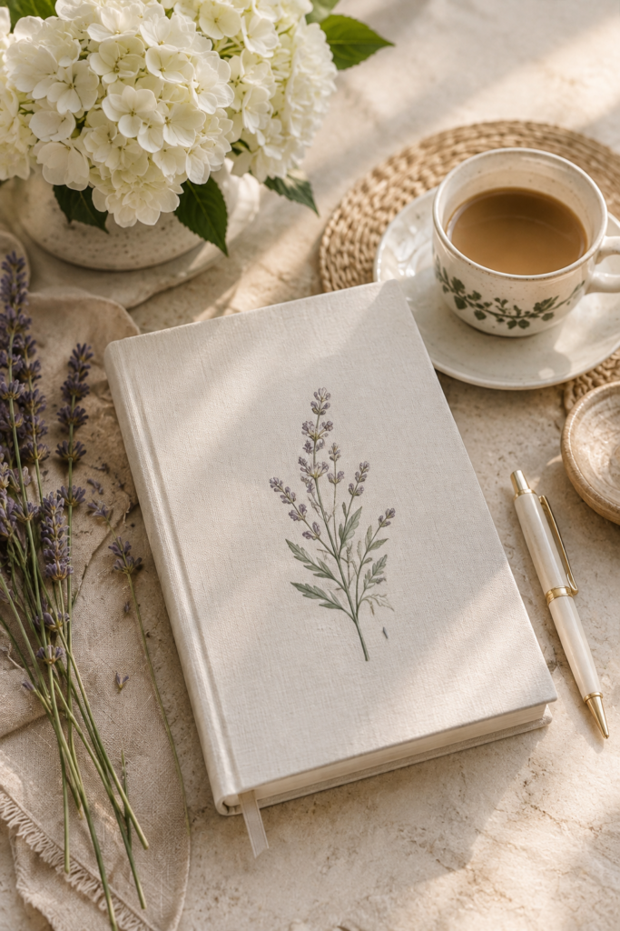 White hydrangeas and a garden notebook