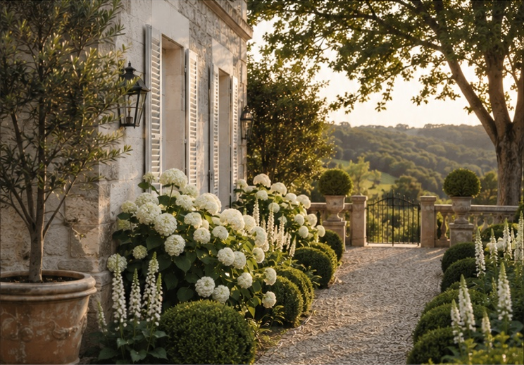 White hydrangeas framing an elegant garden path