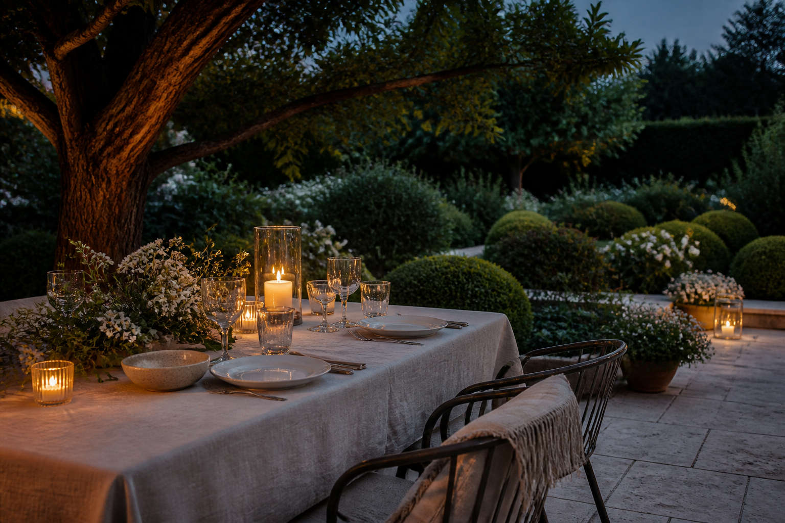 An outdoor table illuminated by candles at dusk
