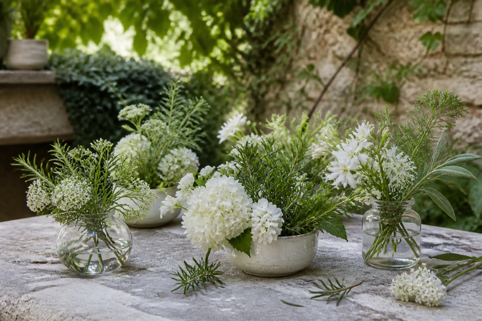 Low arrangements of white garden flowers and herbs in simple vessels