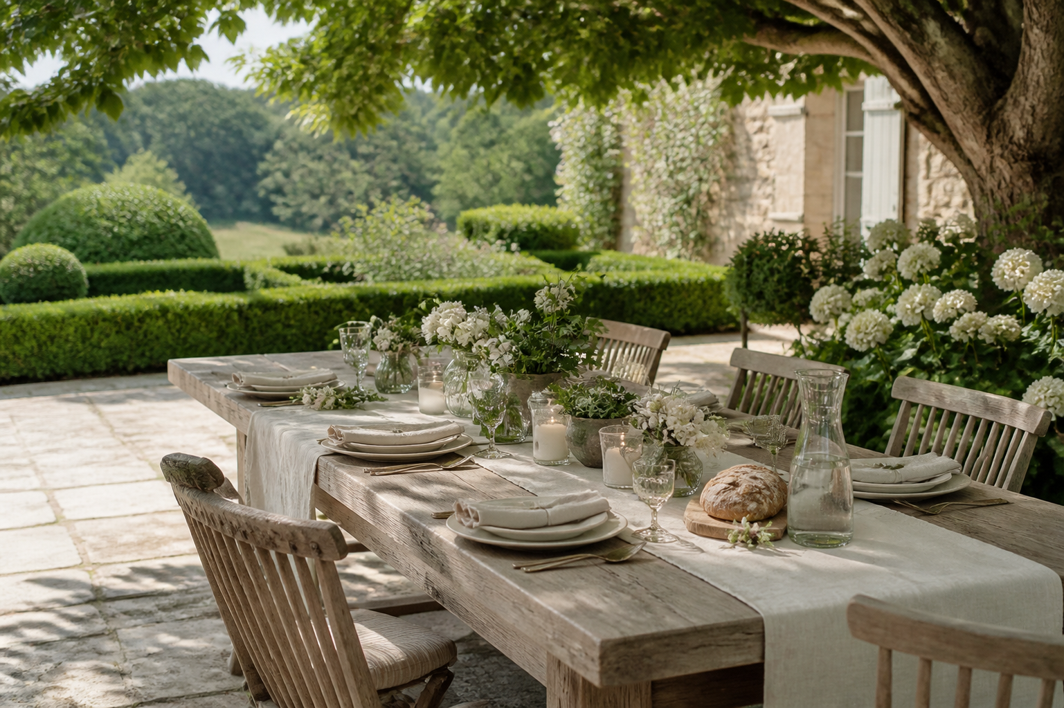 An effortlessly layered outdoor dining table in a European garden