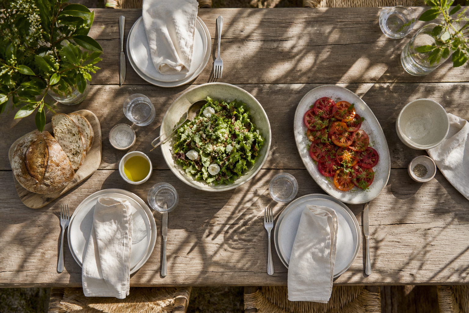 A shared garden lunch of bread, salad and tomatoes on a weathered table
