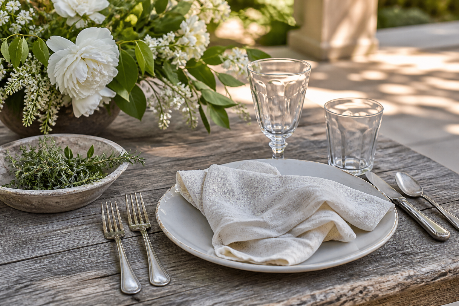 Ivory linen, simple ceramics and clear glass layered on a weathered table