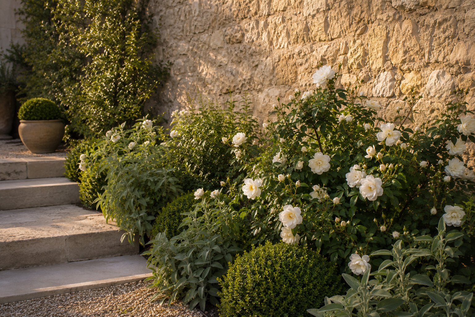 Warm European residential garden with white shrub roses, clipped evergreens, pale gravel and weathered limestone in golden-hour light