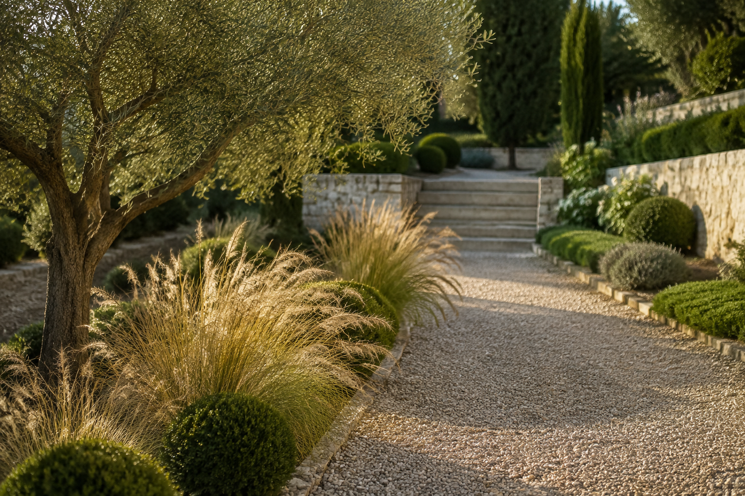 Airy ornamental grasses bringing movement beside a pale gravel path, clipped evergreens and a mature olive tree