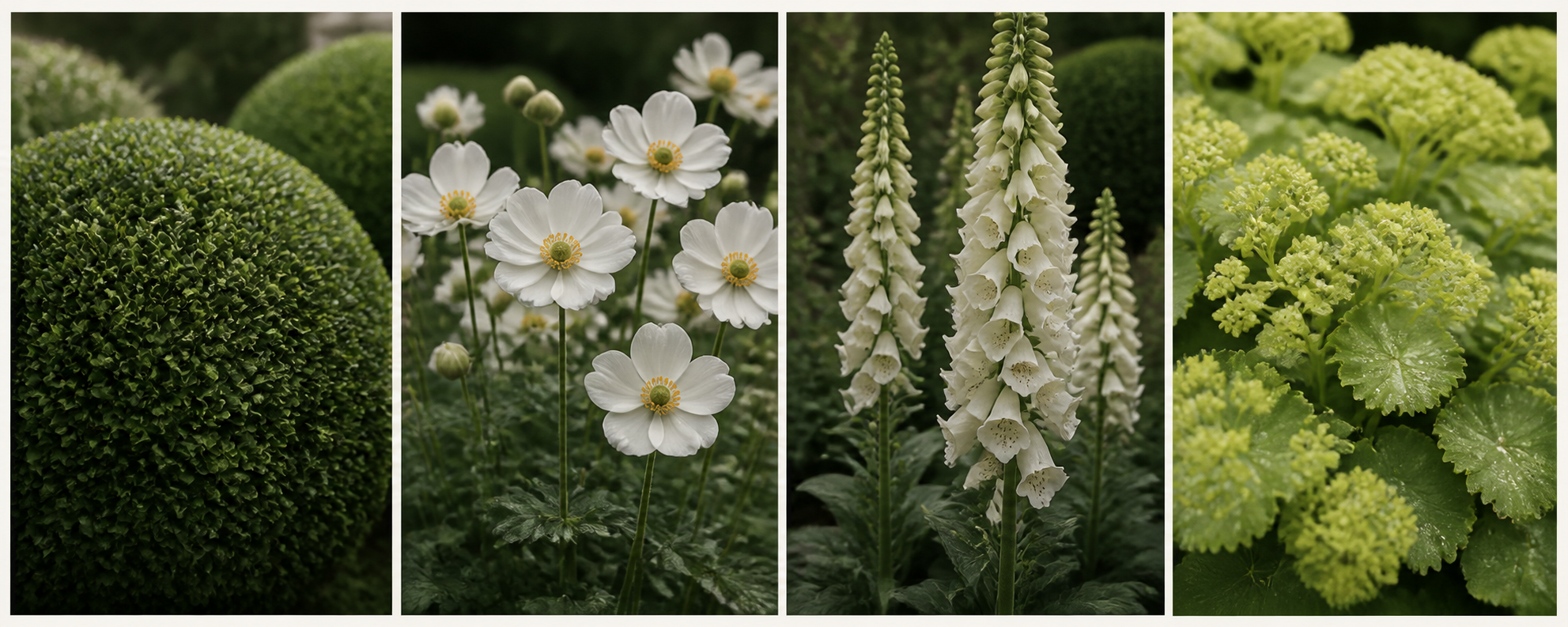 Boxwood, Japanese anemone, white foxglove and lady’s mantle
