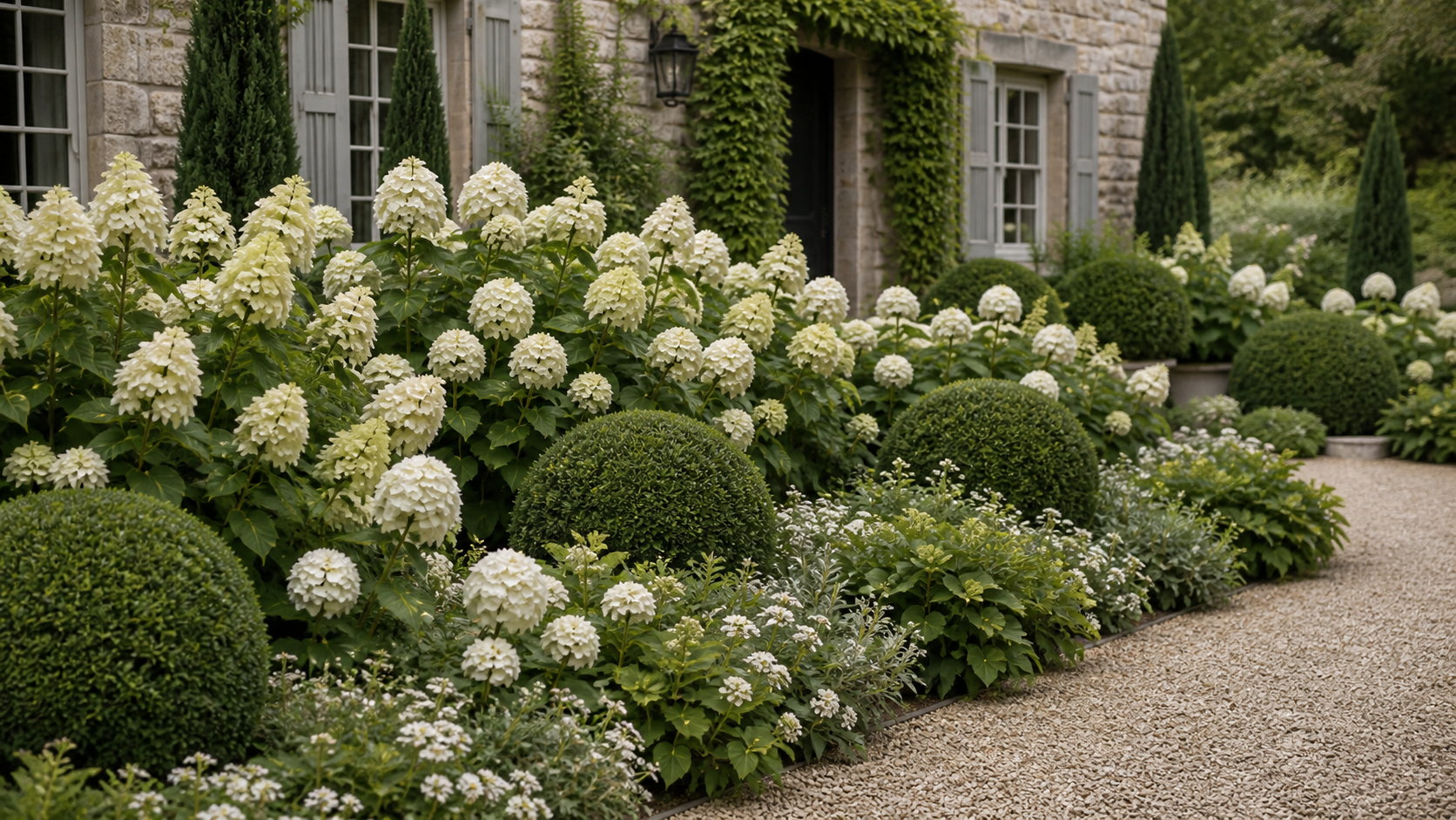 A timeless European-inspired garden with white hydrangeas and clipped evergreens