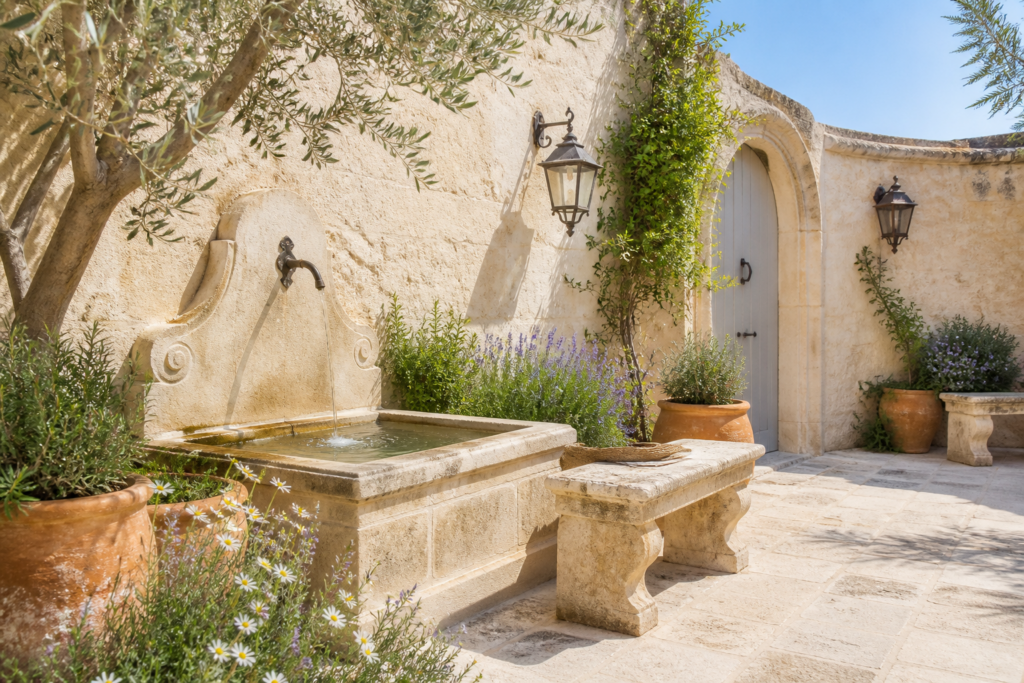 Mediterranean courtyard garden with olive tree, lavender, white hydrangeas and weathered stone
