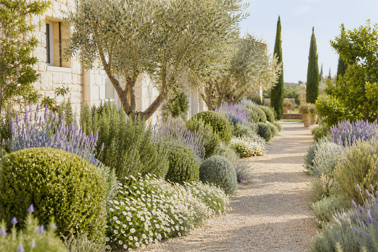Layered Mediterranean planting with olive trees, clipped evergreens, lavender, white flowers and silver foliage beside a gravel walk