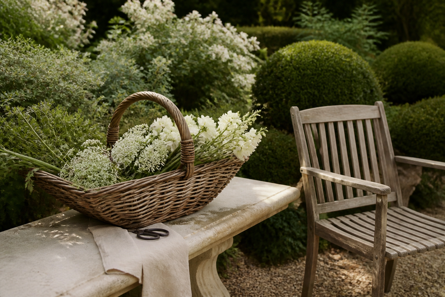 A basket of garden flowers and herbs beside a wooden chair