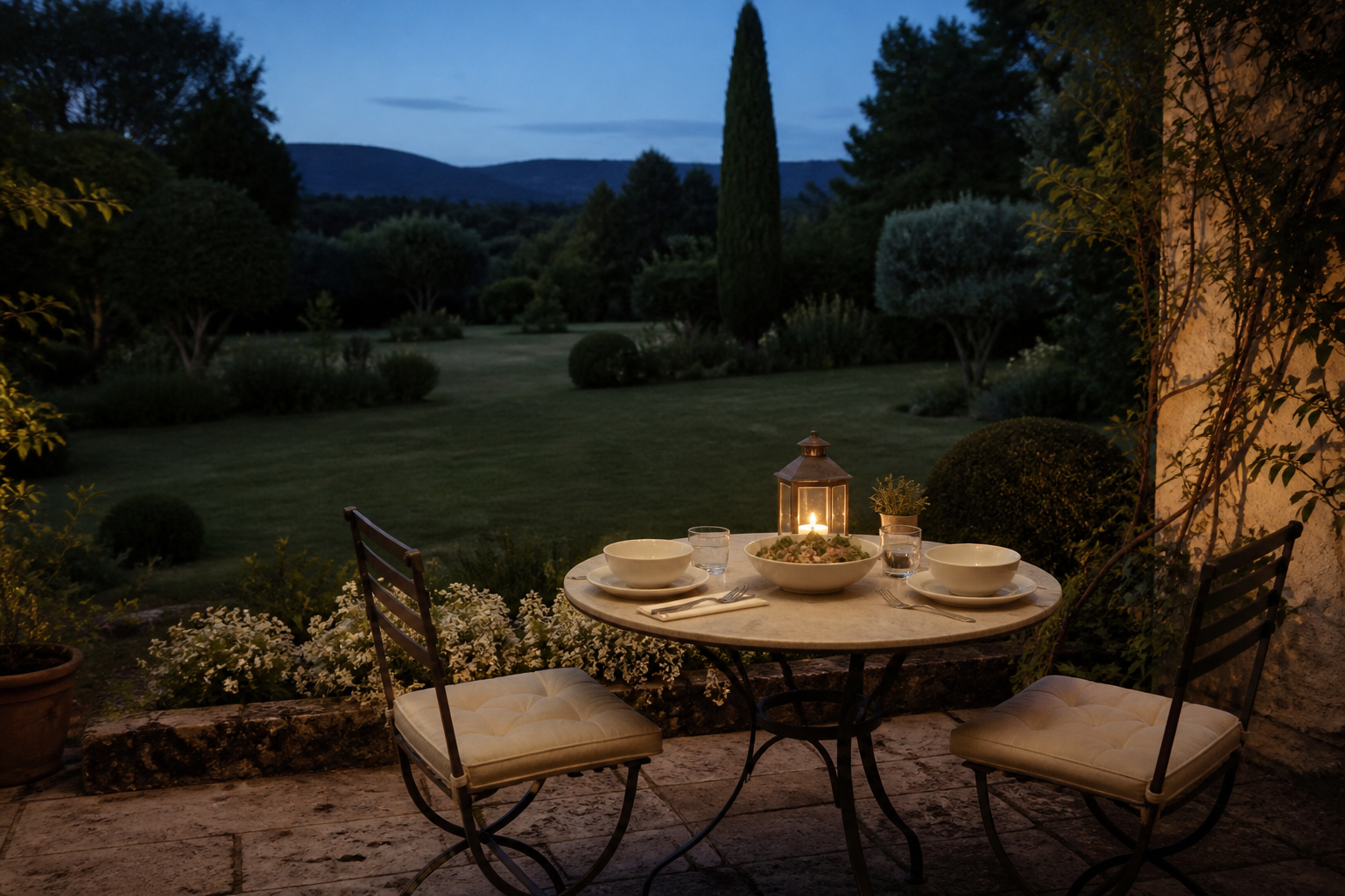A simple supper table and lantern overlooking the garden at dusk