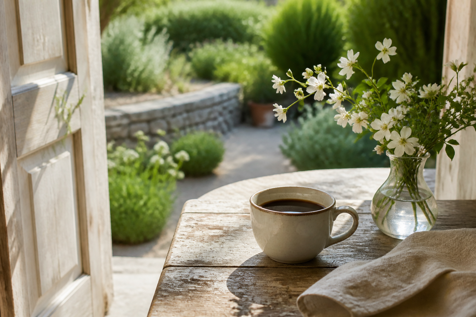 A ceramic cup of coffee beside an open garden door in morning light