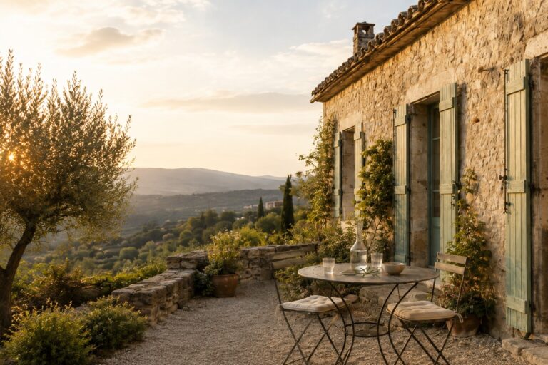 Limestone terrace overlooking a Mediterranean garden