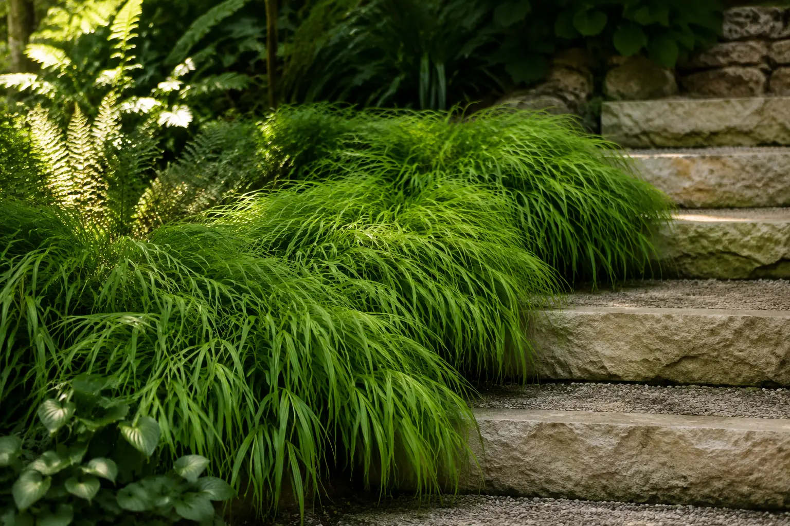 Japanese forest grass cascading beside limestone steps