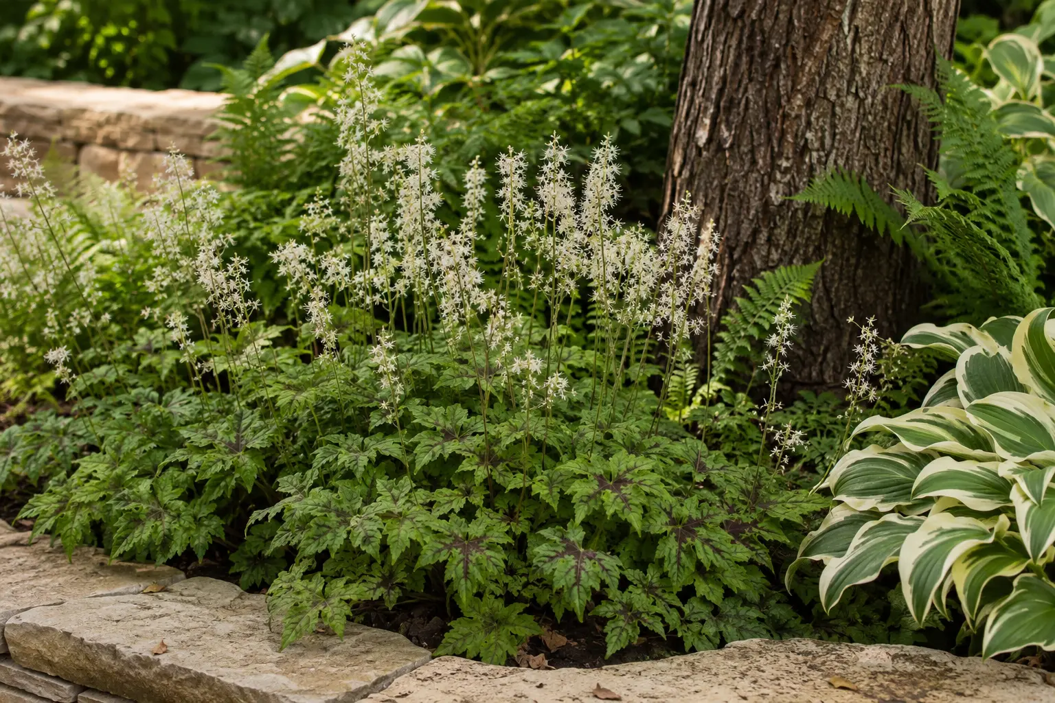 Tiarella with foamy white flower spikes and patterned foliage