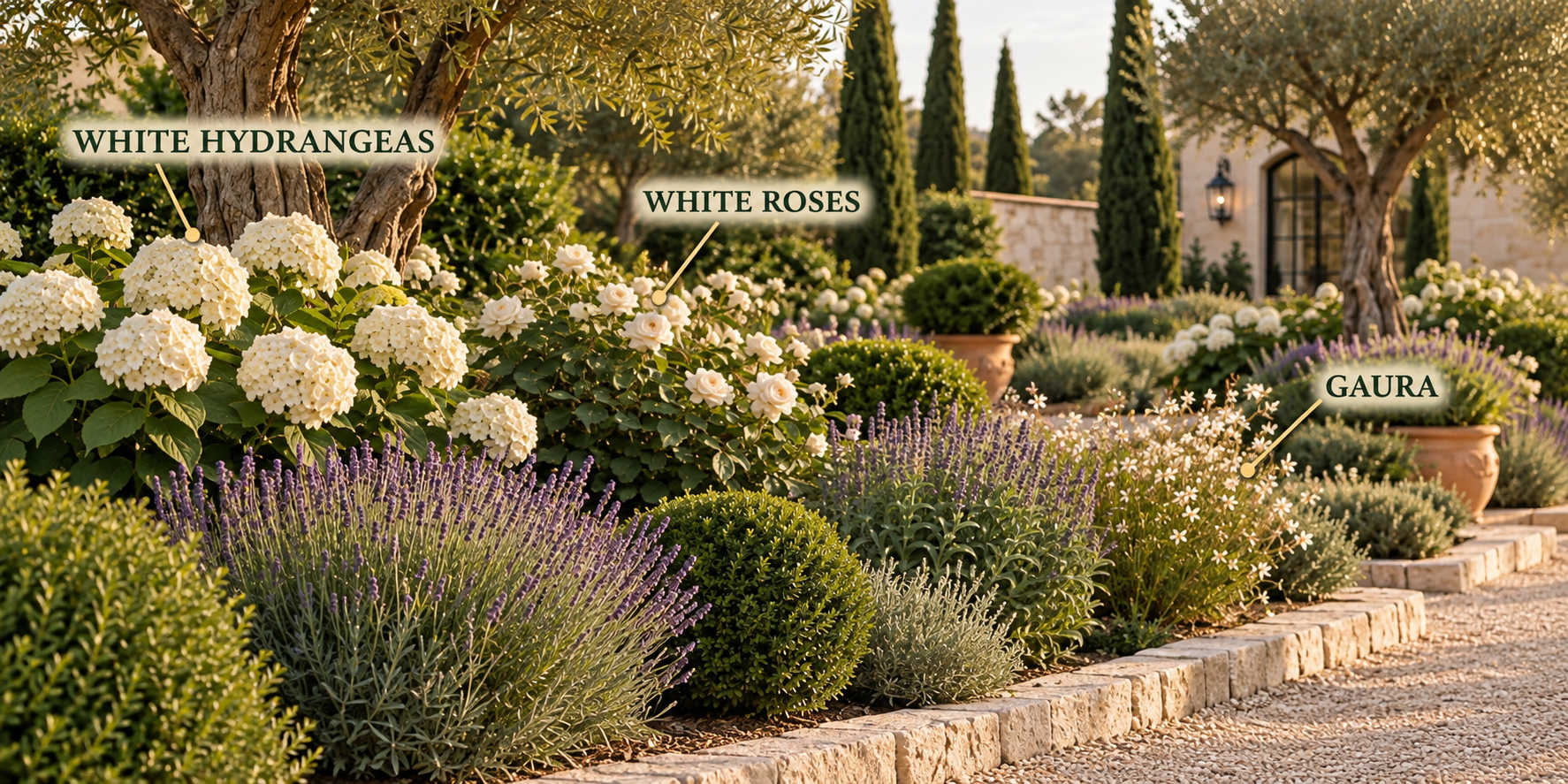 Mediterranean garden border identifying white hydrangeas, white roses and airy white gaura against olive trees, clipped evergreens and pale limestone