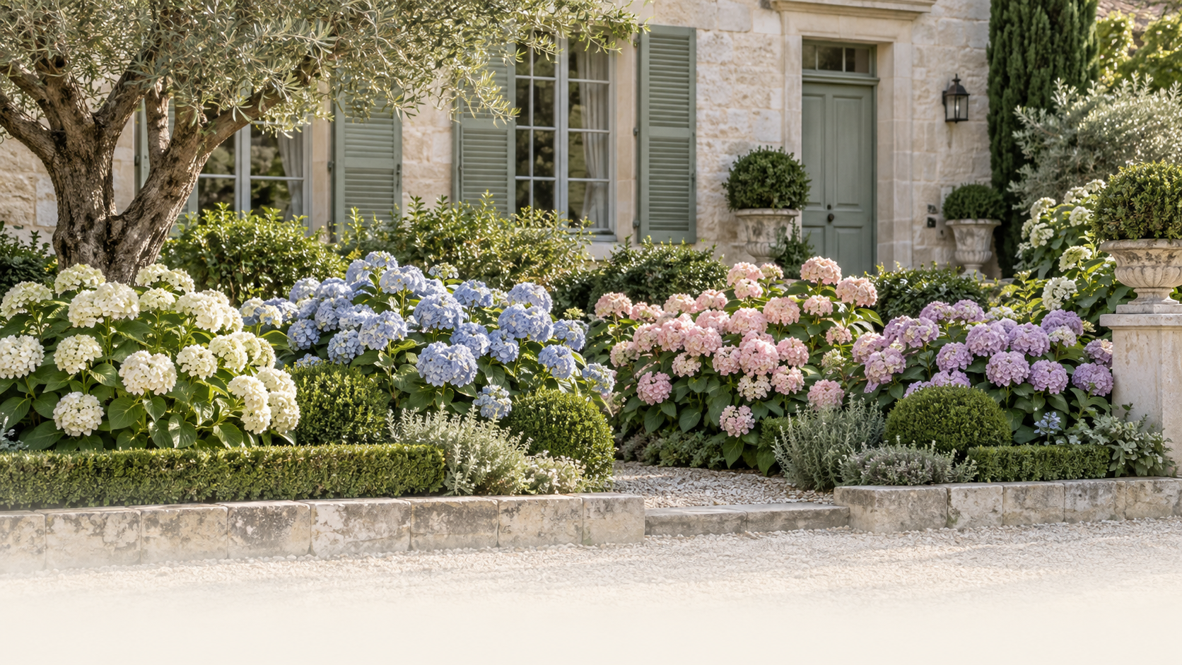 White, blue, pink and lavender hydrangeas flowering outside a limestone house with sage shutters and clipped evergreens.