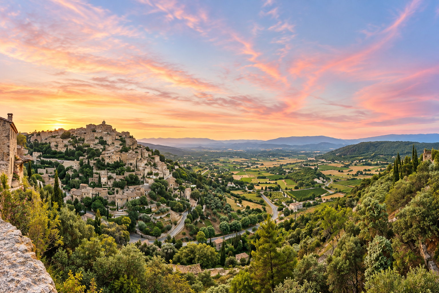 Panoramic sunset view of the limestone hilltop village of Gordes overlooking the Luberon valley.