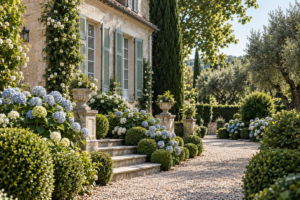 White hydrangeas in an elegant European garden