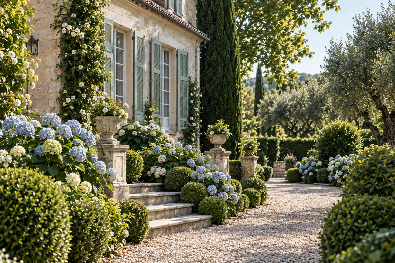 Elegant European garden with mature hydrangeas, gravel paths and clipped evergreens