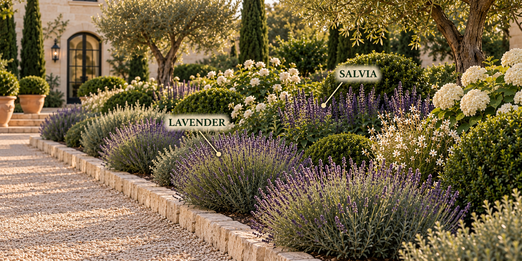 Mediterranean garden border with restrained repeated lavender and upright soft-violet salvia identified beside a pale gravel path