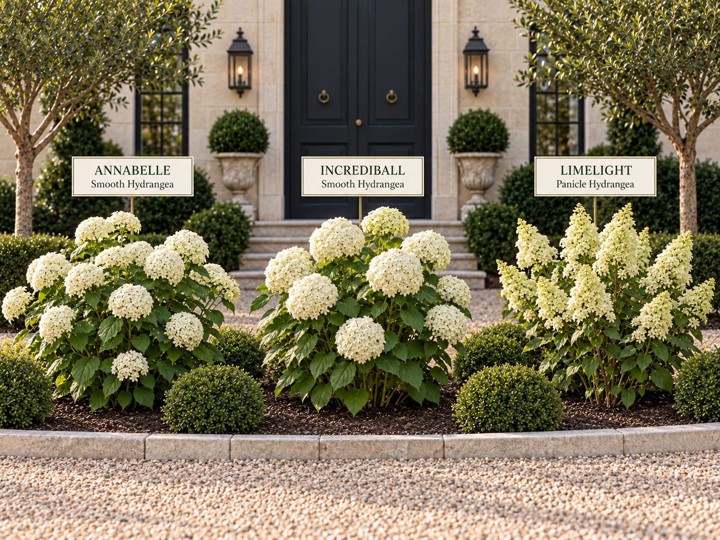 Annabelle, Incrediball and Limelight white hydrangeas compared in an elegant limestone garden