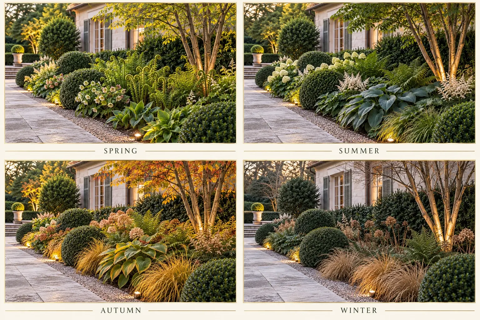 A layered shade garden shown in spring, summer, autumn and winter