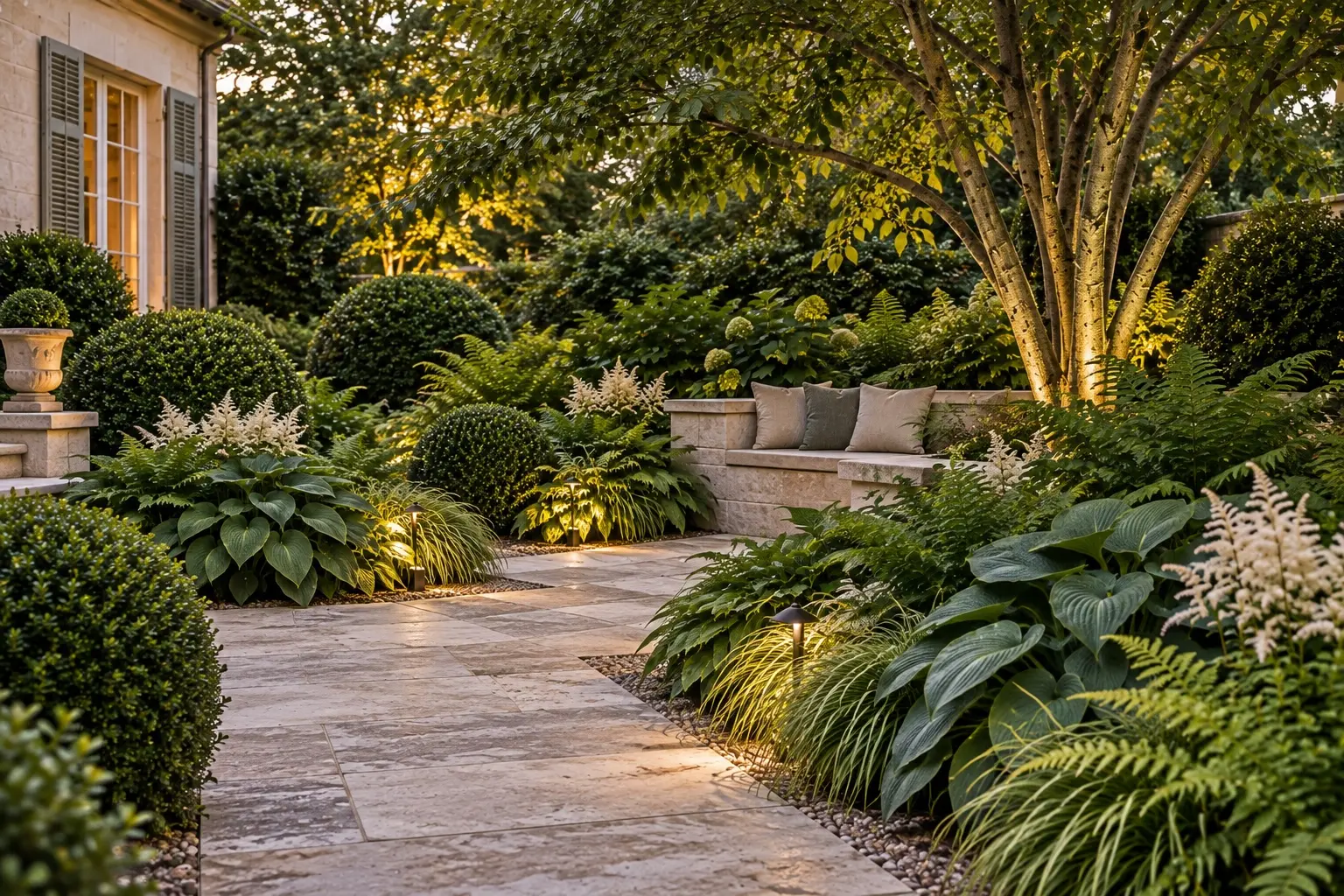 A tranquil limestone terrace framed by a mature layered shade garden