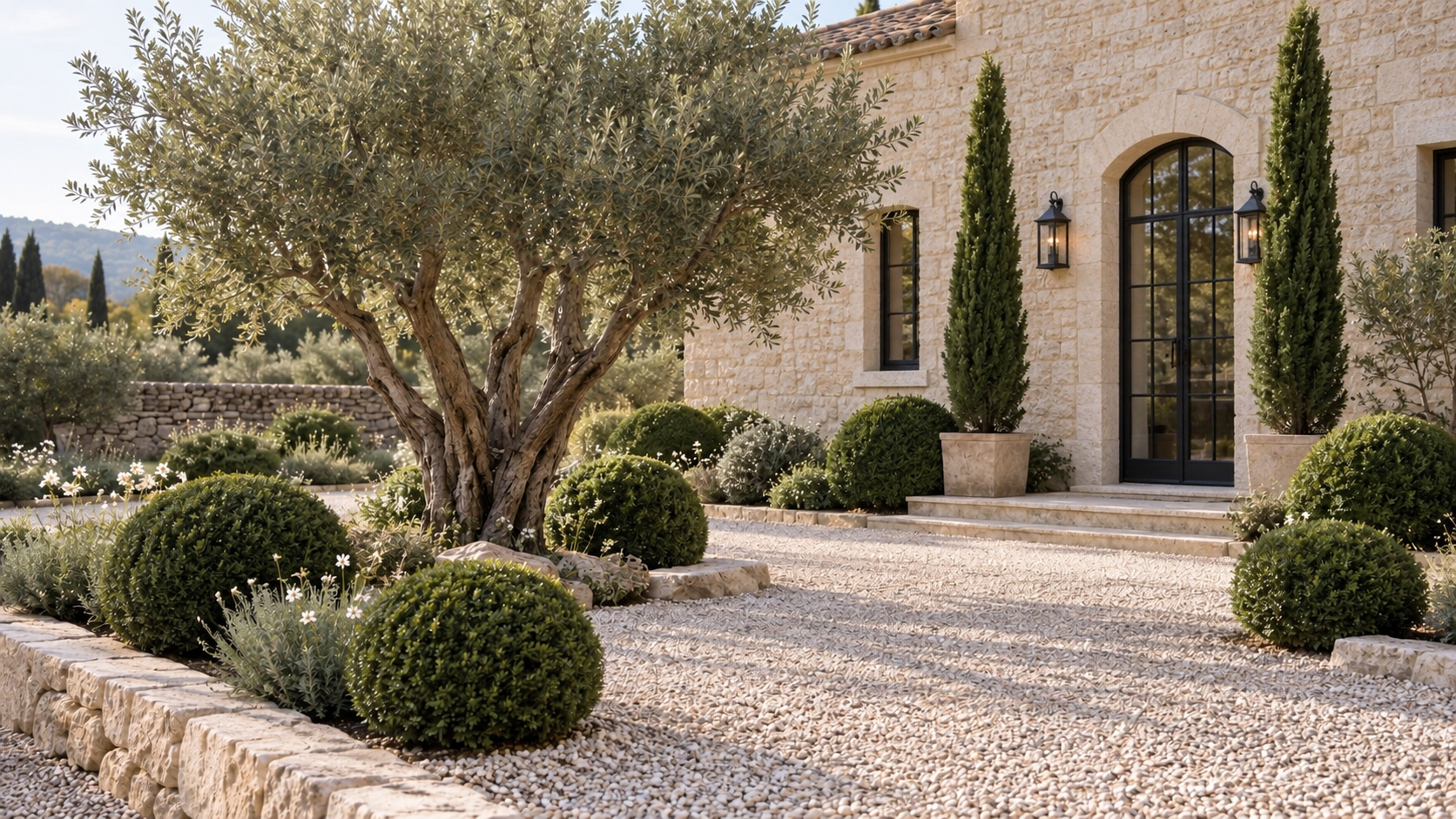 Mediterranean front garden with a mature multi-stem olive tree, repeated clipped evergreen shrubs and upright cypress framing a limestone entrance