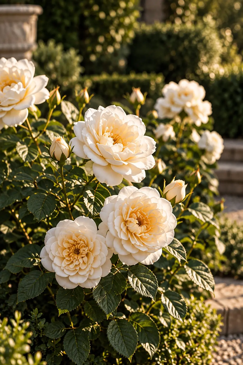 Creamy white shrub roses with buds and healthy green foliage in warm garden light