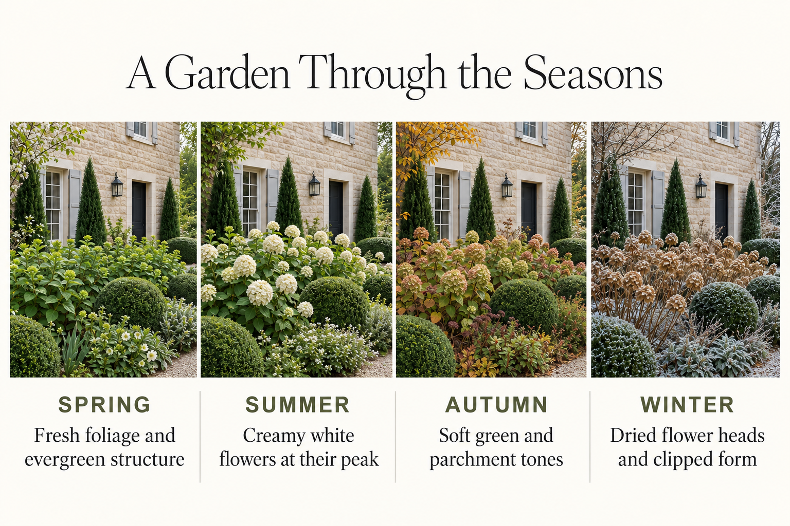 A white hydrangea garden shown through spring, summer, autumn and winter