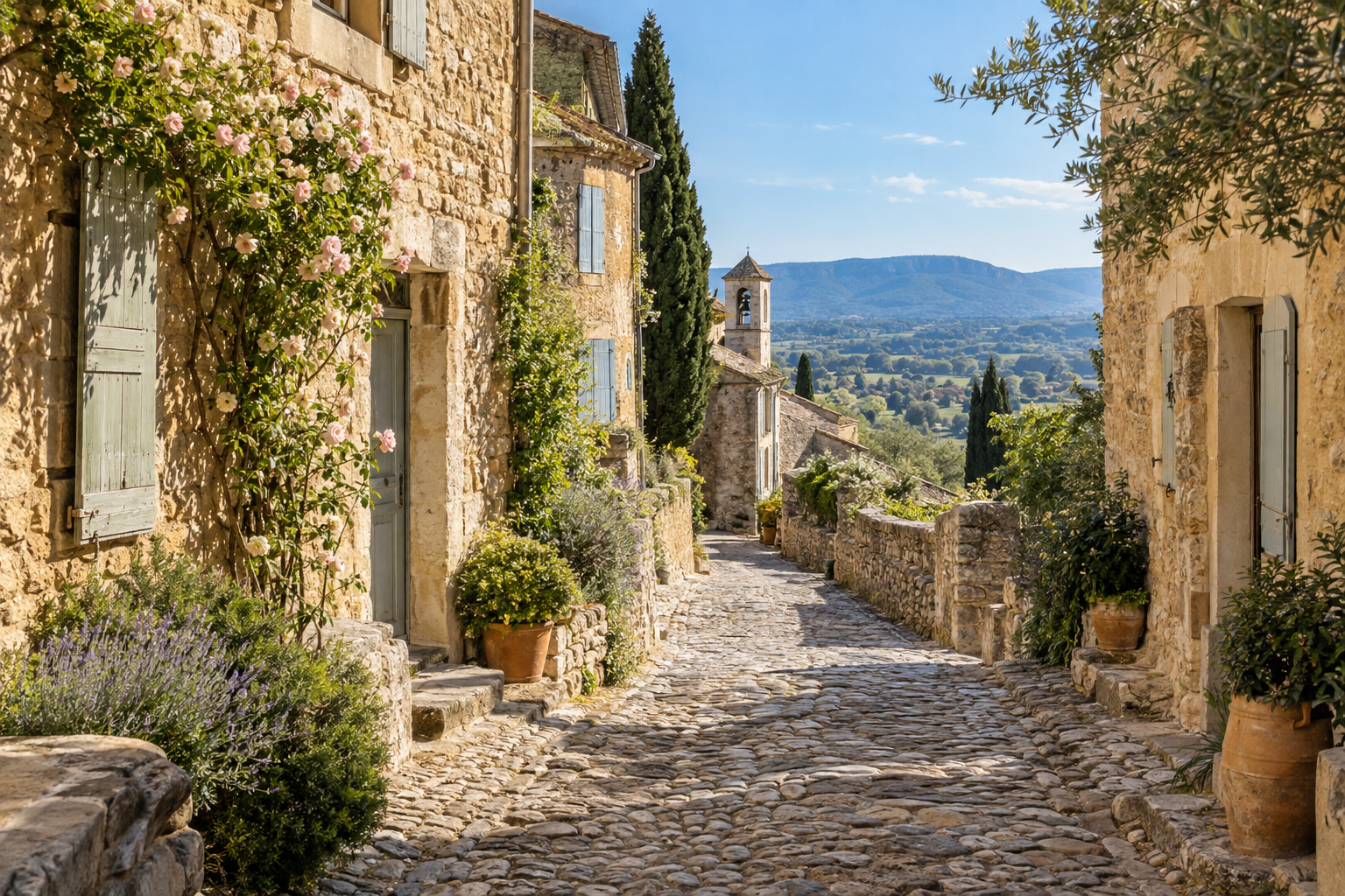 Romantic cobblestone lane lined with honey-coloured stone houses and pale shutters in Ménerbes, France.