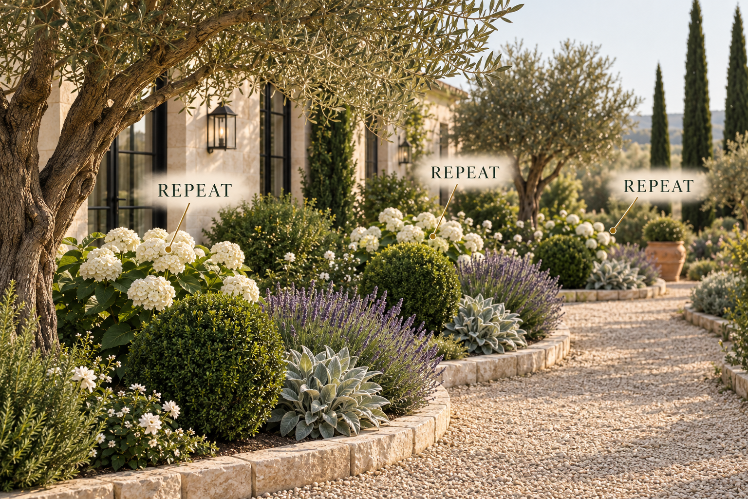 Limestone-edged Mediterranean garden illustrating repetition of hydrangeas, clipped evergreens and lavender