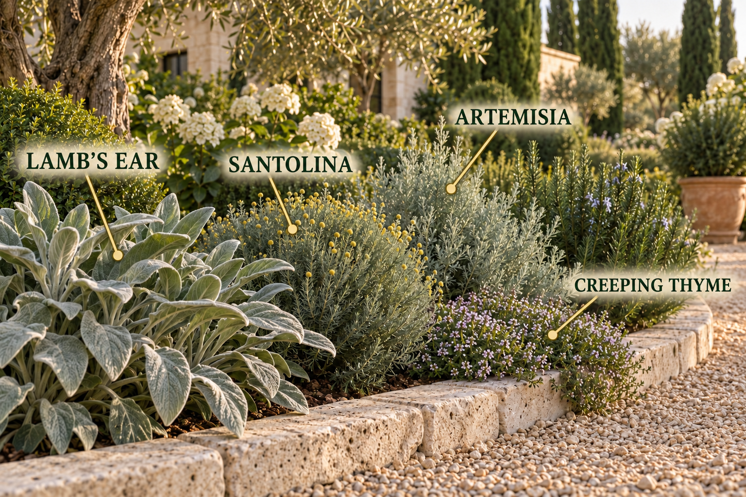 Stone-edged Mediterranean border labelled with lamb's ear, santolina, artemisia and creeping thyme