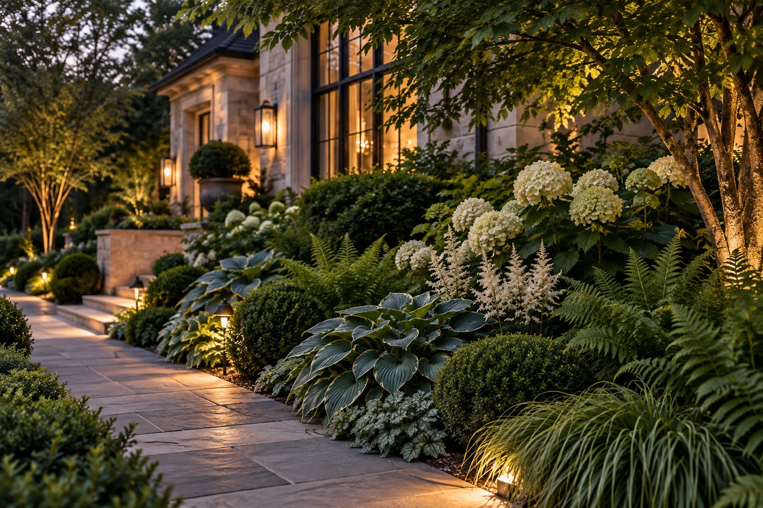Layered shade garden with white hydrangeas, hostas, ferns, ornamental grasses and clipped evergreens beside a large limestone estate at dusk.