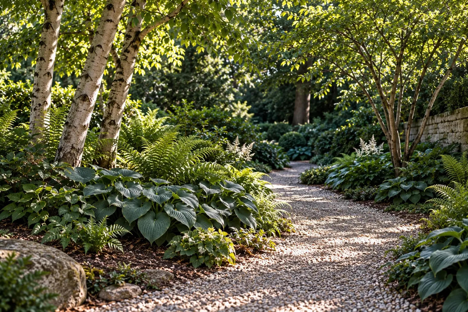 A winding path through a layered shade garden