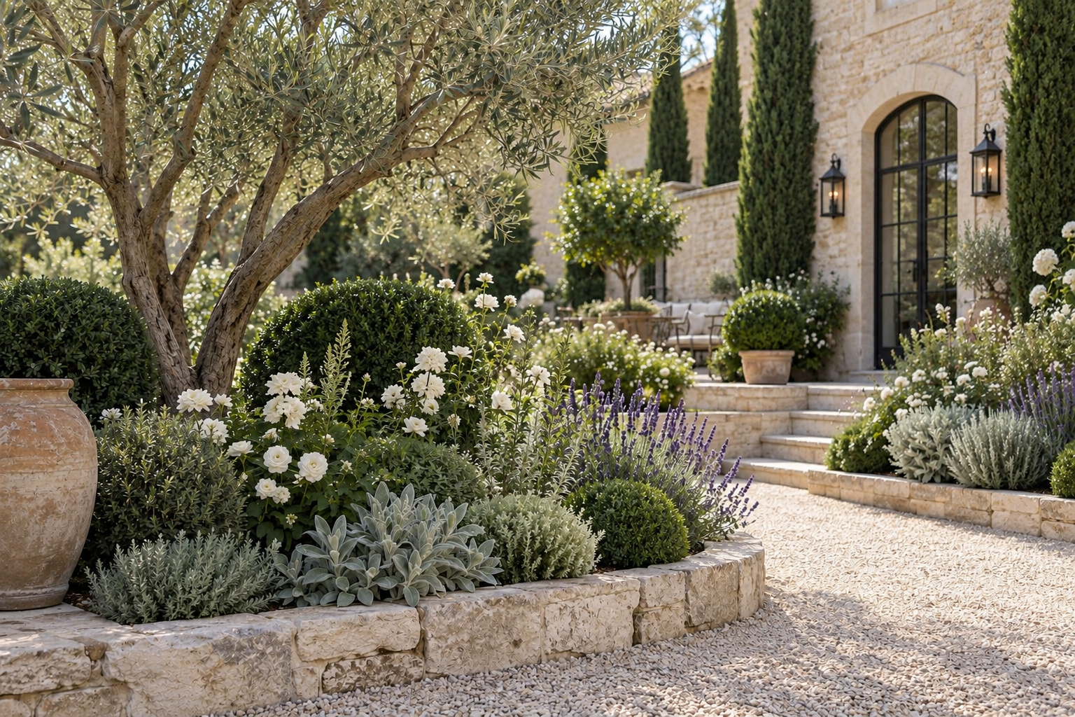 Mediterranean garden combining an olive tree, clipped evergreen structure, restrained white and violet flowers, silver foliage, pale gravel, limestone and aged terracotta
