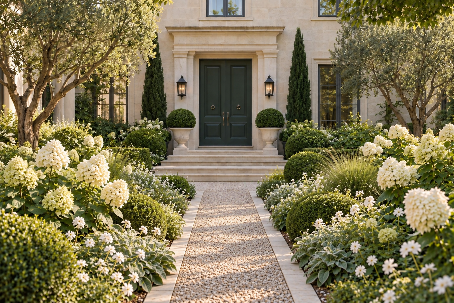 Elegant European front entrance garden with white hydrangeas, clipped evergreens and a gravel walkway