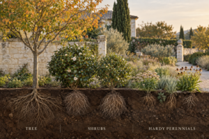 Refined autumn garden with hydrangeas, boxwood and ornamental grasses