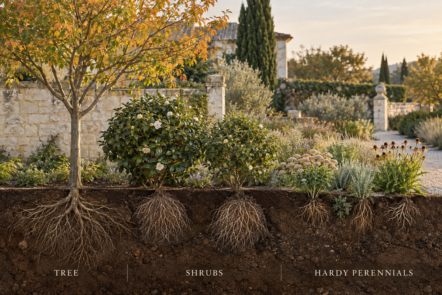 Tree, shrubs and hardy perennials shown with their root systems beneath the soil
