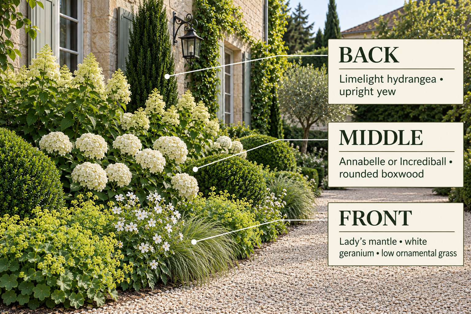 A layered hydrangea garden labelled with the back, middle and front planting layers