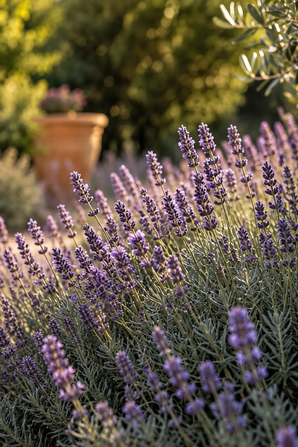 Lavender flower spikes and silvery foliage in golden morning light beside a terracotta pot