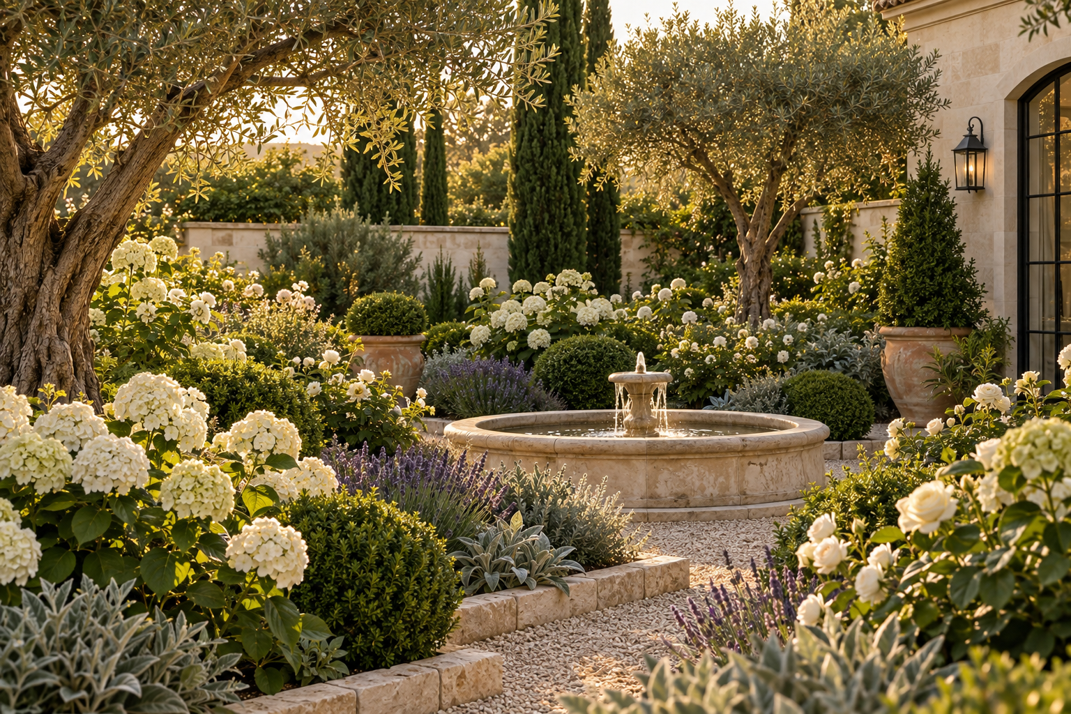 Golden-hour Mediterranean garden with a limestone fountain, olive trees, white flowers and stone-edged planting