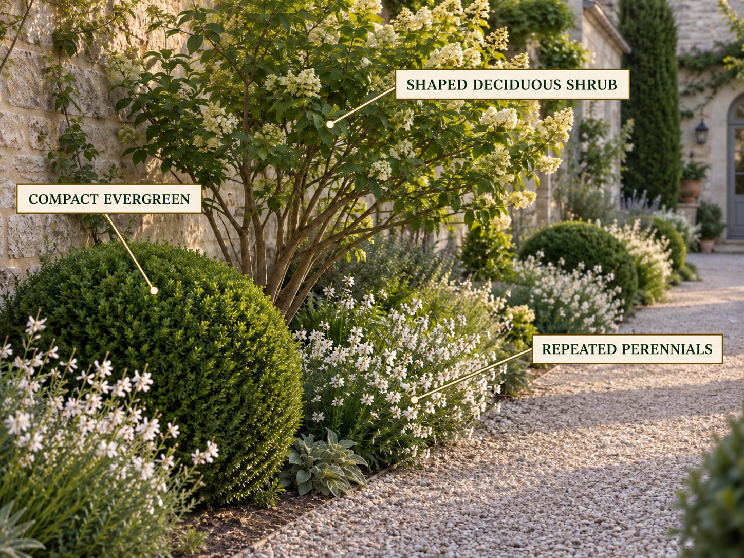 Garden structure explained with a compact evergreen, shaped deciduous shrub and repeated white perennials