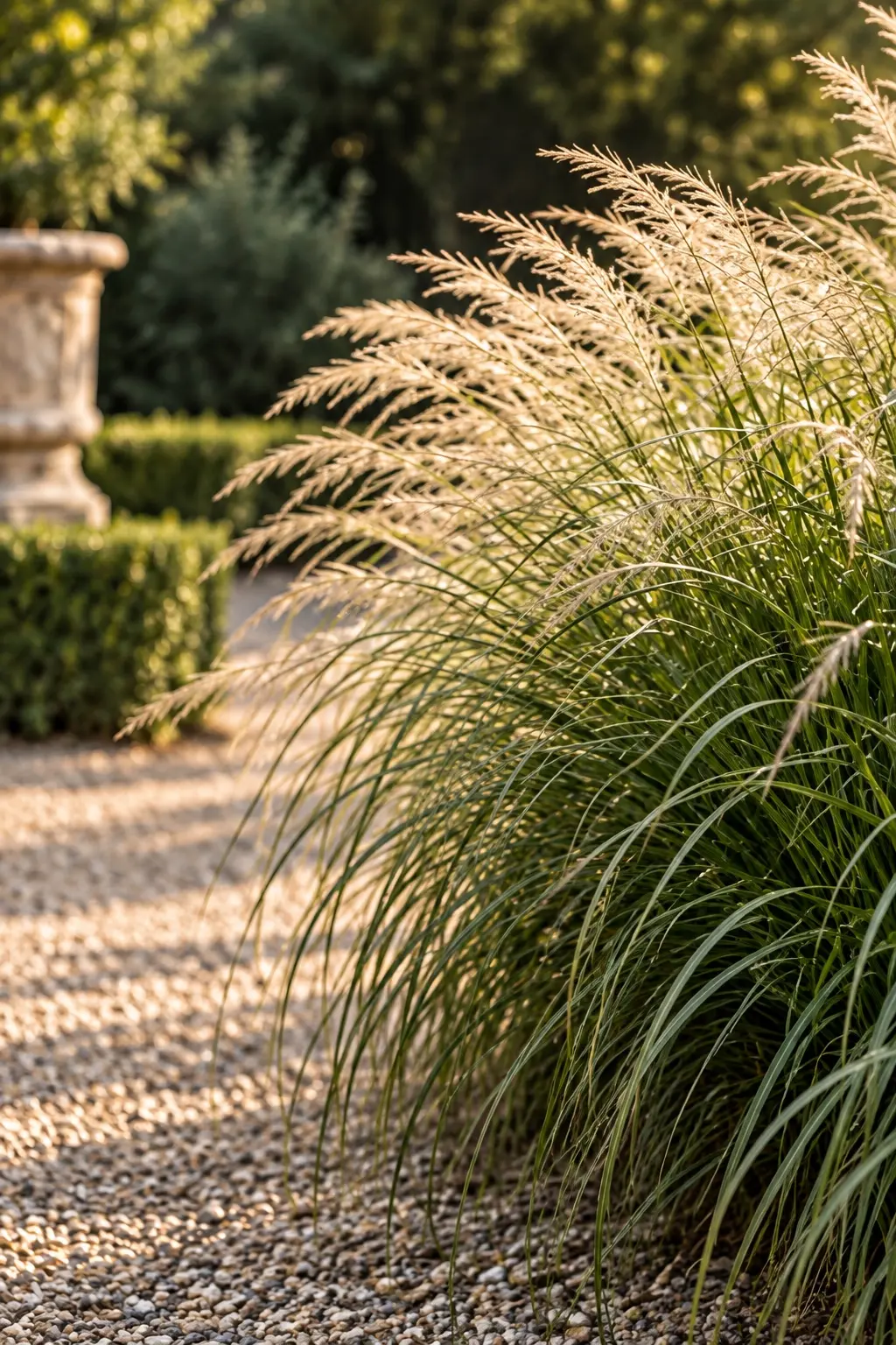 Arching ornamental grass with tawny seed heads beside a pale gravel path