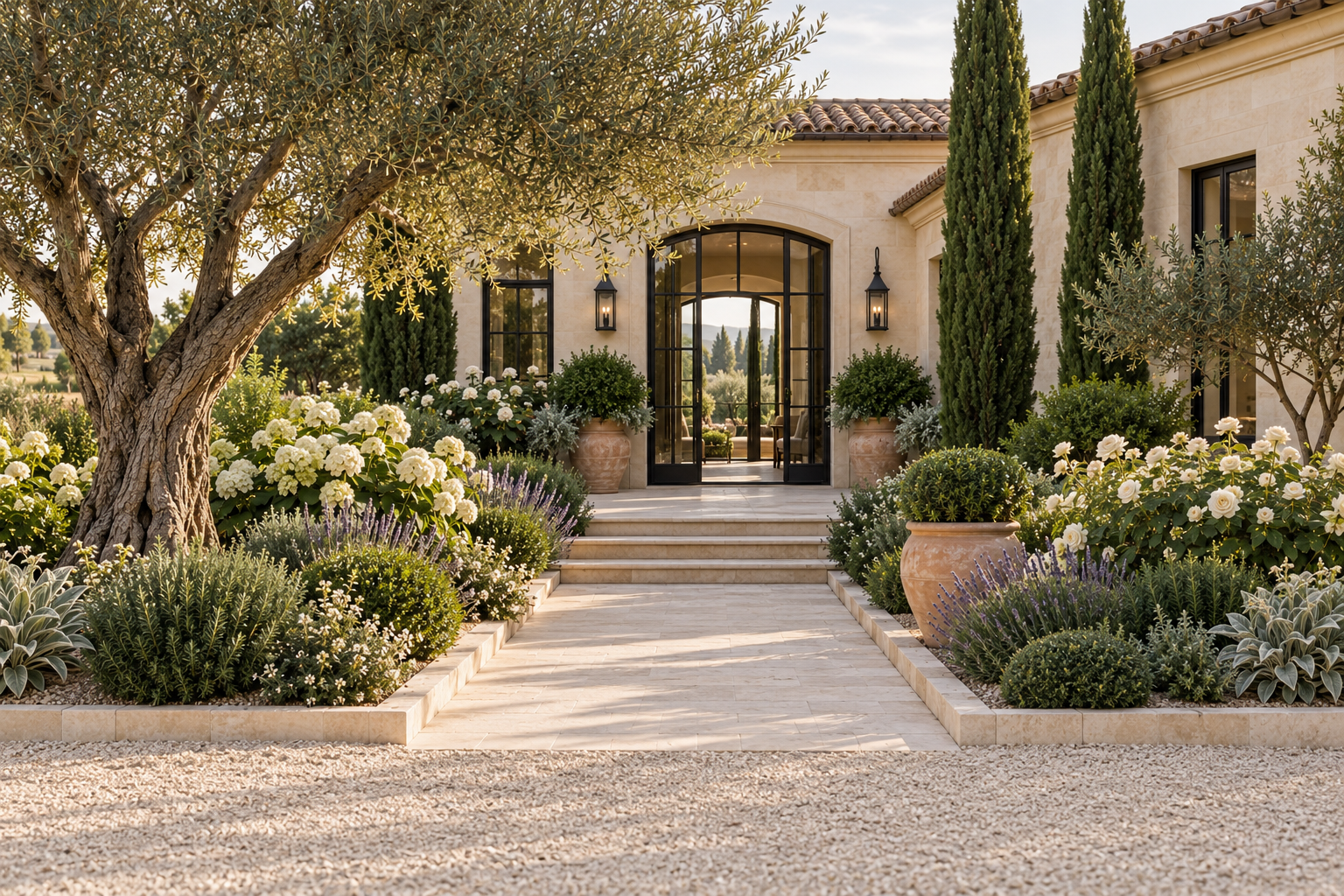Elegant Mediterranean garden entrance with mature olive trees, Italian cypress, white flowers, limestone-edged beds and a pale gravel forecourt