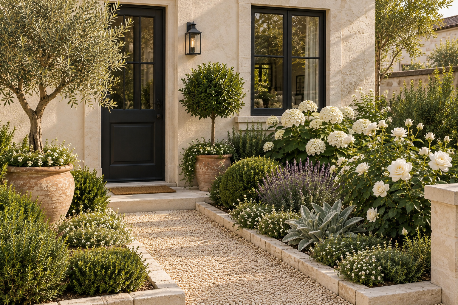 Attainable compact Mediterranean front garden with a black door, olive tree, terracotta pots, white flowers and limestone-edged beds