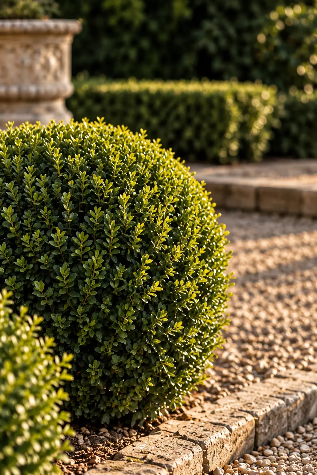 Clipped boxwood sphere beside pale gravel and weathered stone edging