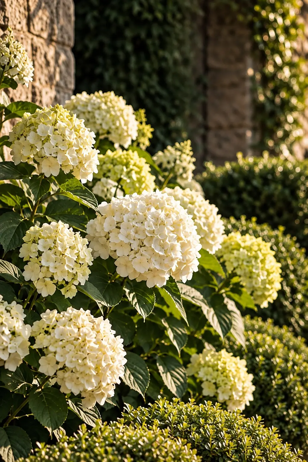 Creamy white hydrangea blooms and green foliage beside weathered limestone in warm sunlight
